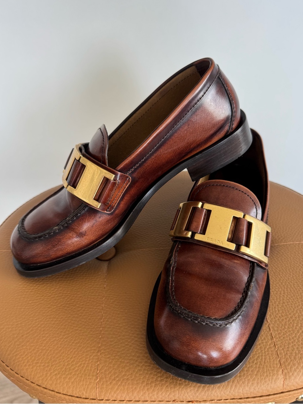 Prada Brown Leather Loafers with Gold Buckle - Picture 2 of 11